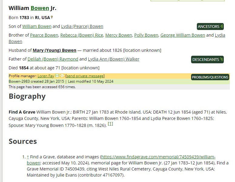 screenshot of William Bowen Jr. WikiTree page