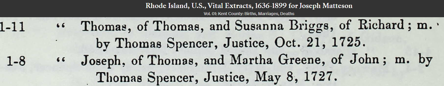 Screenshot of record reading: "Joseph, of Thomas, and Martha Greene, of John"