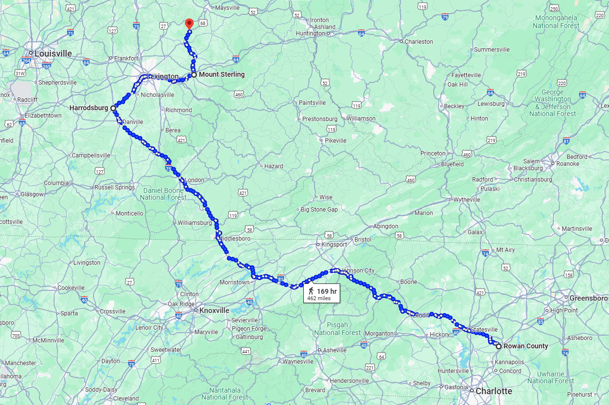 map of North Carolina and Kentucky, showing places where James McCullough lived or served