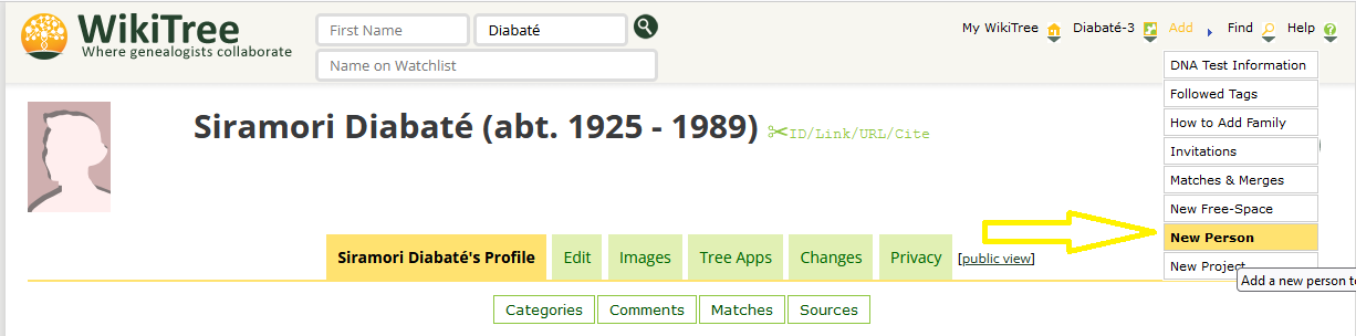 image showing "Add New Person" pulldown menu