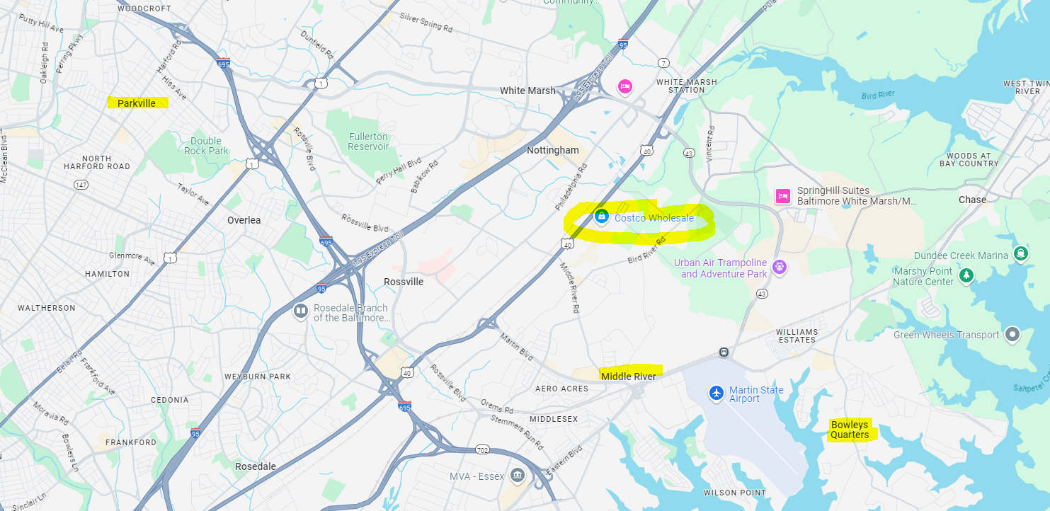 A map showing Parkville in relation to Middle River and Bowley's Quarters