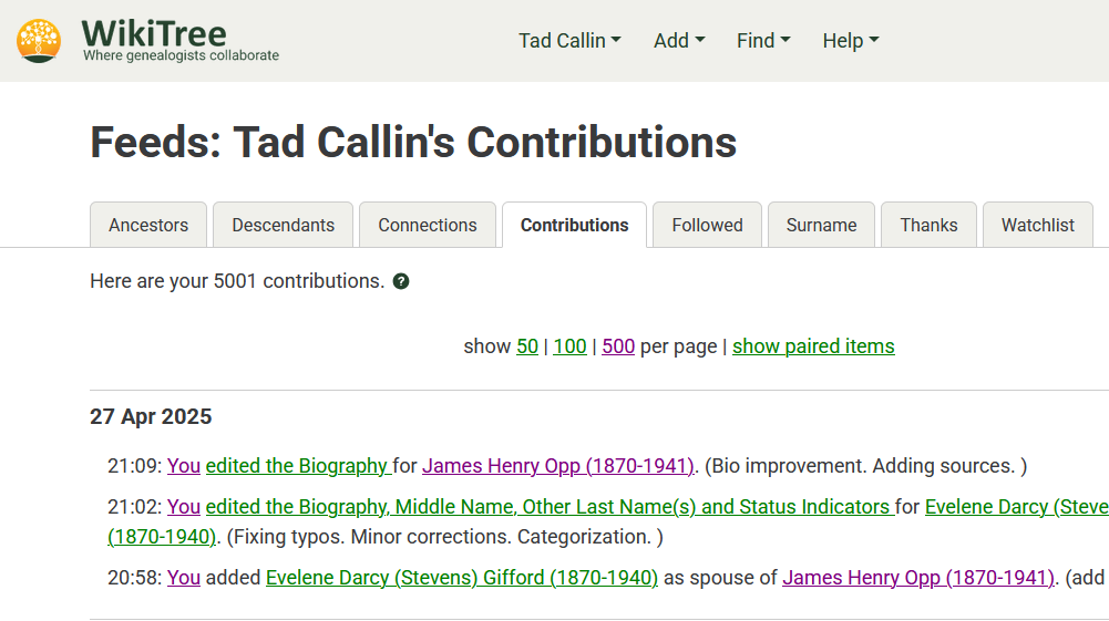screenshot of my 5001st WikiTree contribution