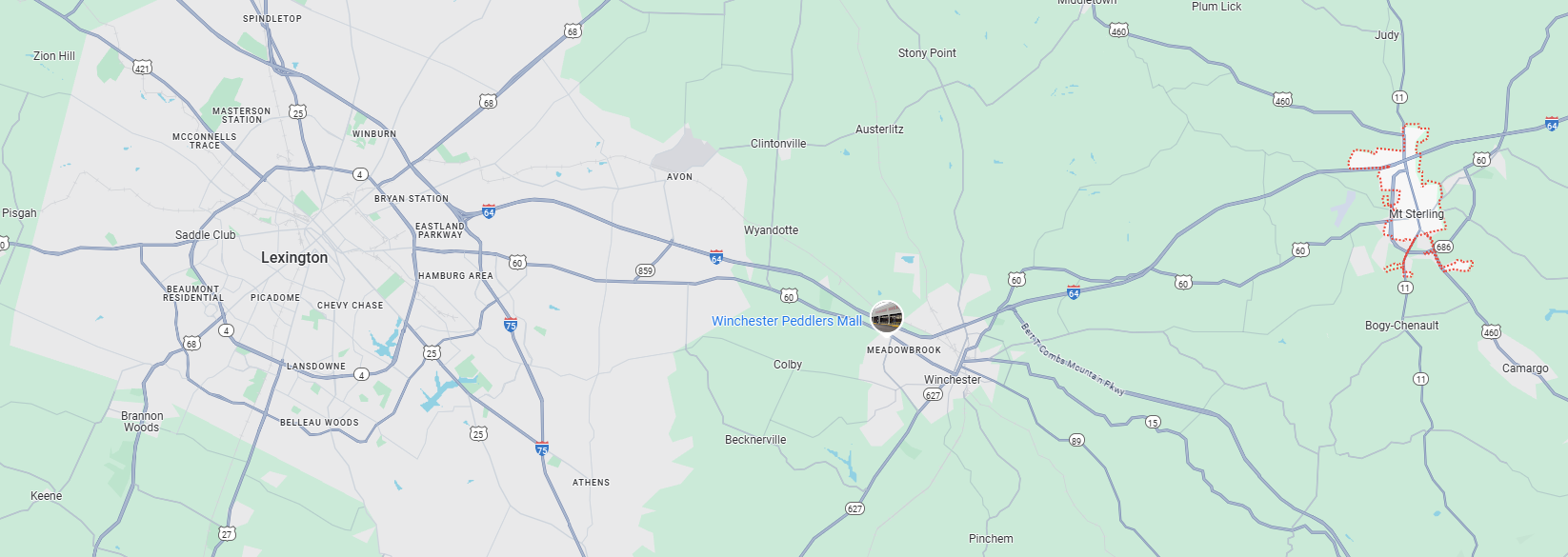map showing Mt. Sterling to the east of Lexington