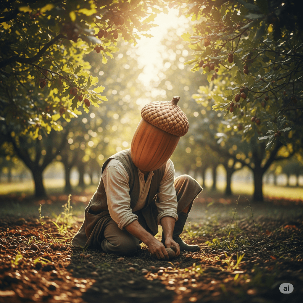 AI generated image of a man with an acorn for a head planting an acorn in an orchard