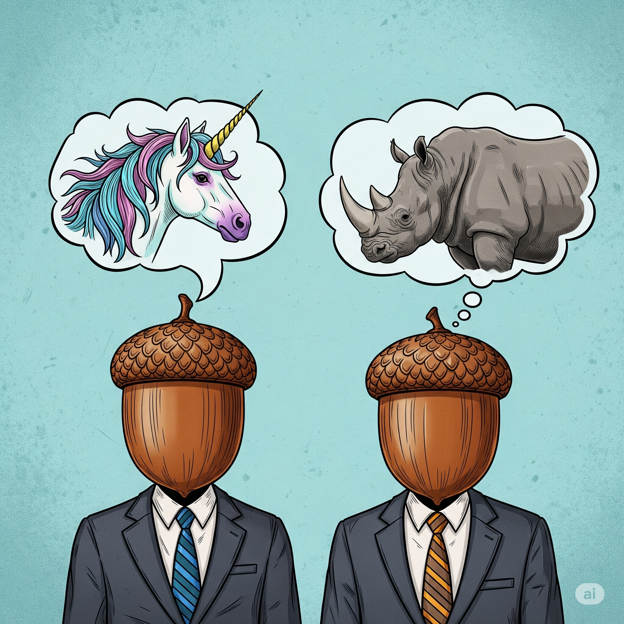 The person on the left is describing their idea of the perfect fantasy unicorn, and the person on the right is visualizing a rhinoceros. This is meant to show that what you imagine you want may exist in a very different form.