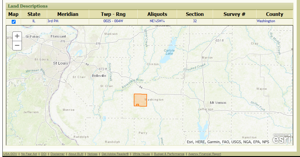 Screenshot of a map from the BLM-GLO website showing Alexander Callan's land in Washington County, IL.